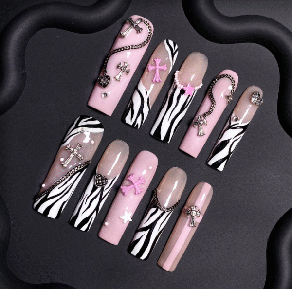 Press on Nails Medium Fake Nails Pink Glossy Glue on Nails Glitter Acrylic Nails Oval Stick on Nails for Women and Girls